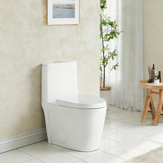 One-Piece Toilet, 1.1/1.60 GPF Water-Efficient Dual-Flush Elongated Comfort Height Floor Mounted, Standard-Size Toilet with Soft Closing Seat Included, Glossy White GF-24T01-GW