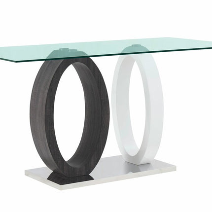63" Clear Gray and White Glass And Metal Double Pedestal Base Dining Table