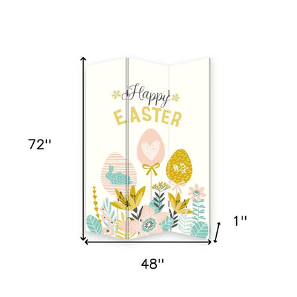 72" Yellow and White Canvas Folding Three Panel Screen Room Divider