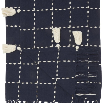 Navy And White Stitched Square Pattern Cotton Throw Blanket