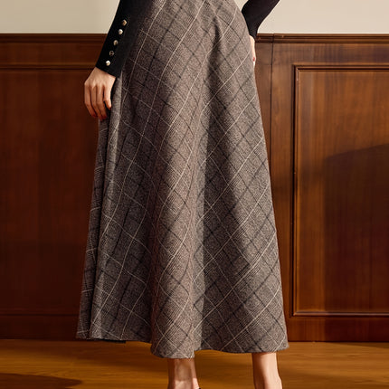 Vintage Elegant Women's Skirt with Pockets, Plaid Belt, Casual Commuting Vacation Skirt