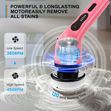 Rotating Electric Scrubber  Pink Wireless with Extended Handle, 2 Adjustable Speeds