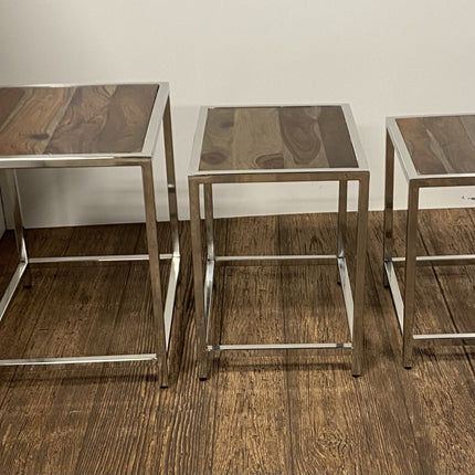 Set of Three 21" Silver And Brown Solid Wood Nested Tables