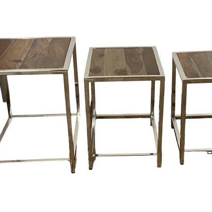 Set of Three 21" Silver And Brown Solid Wood Nested Tables