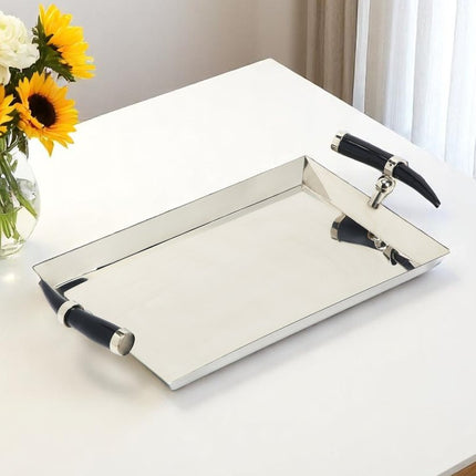 19" Silver Stainless Steel Serving Tray With Horn Handles