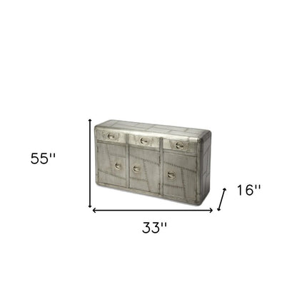 55" Silver Steel Console Accent Cabinet With Three Drawers