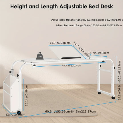 Adjustable Height Mobile Bed Desk with Wheels, 60.6-84.2 Inches Overbed Table,