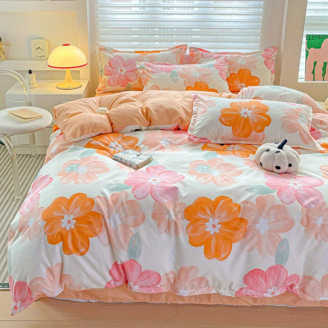 3pcs Soft & Comfortable Floral Bedding Set - Vibrant Orange & Pink Flowers, Machine Washable Polyester,