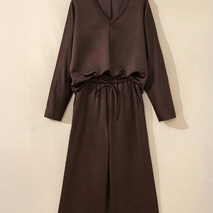 Dark Brown Braided V Neck Long Sleeve Loose Top and Drawstring High Waist Pants 2pcs Outfit