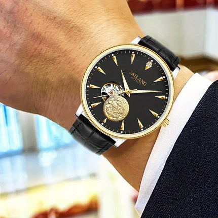 Men'S Sailing Hollow Mechanical Watch with Moon Phase & Calendar - Elegant Black Dial, Golden-Tone Accents