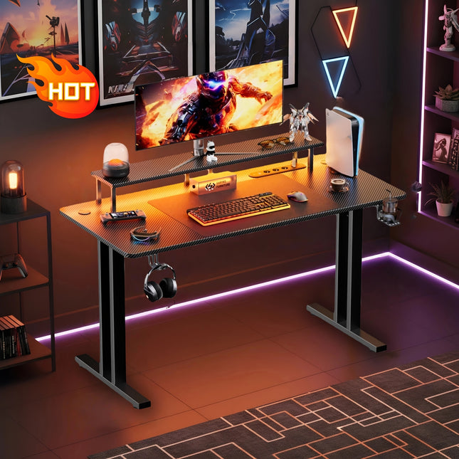 RGB Gaming Desk with Power Outlets & Monitor Stand, Large Wide Computer Workstation