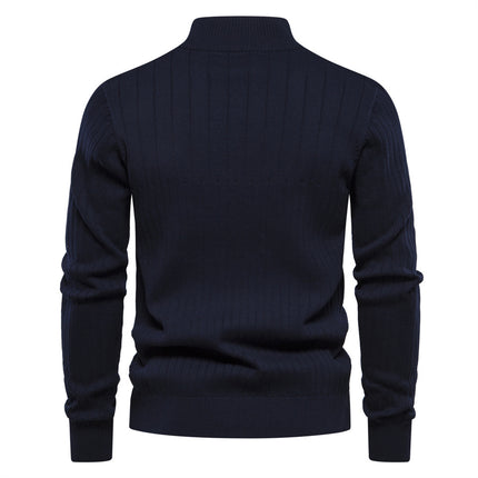 Men's Stand Collar Sweater Fashion Half-zipper Solid Color Striped Knit Sweate