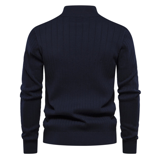 Men's Stand Collar Sweater Fashion Half-zipper Solid Color Striped Knit Sweate