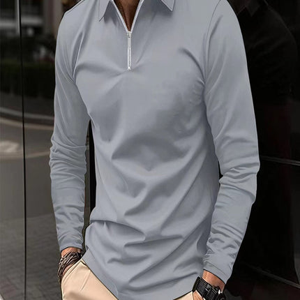 Zipper Men's Solid Color Long Sleeve Sports Polo Shirt