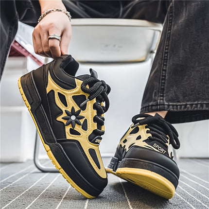 Men's Trendy Flower Pattern Lace Up Skateboard Shoes, Non Slip Comfy Platform Shoes, All Seasons
