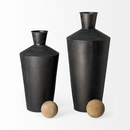 Set of Two Black and Brown Metal Cylindrical Urns