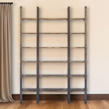 Brown Iron and Solid Wood Six Tier Bookcase