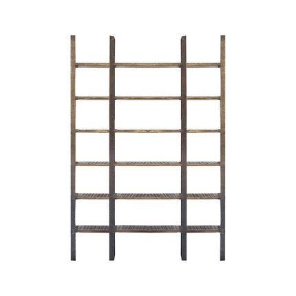 Brown Iron and Solid Wood Six Tier Bookcase