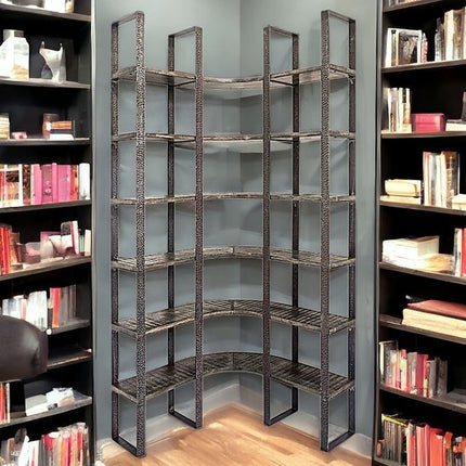 Brown Iron and Solid Wood Six Tier Bookcase