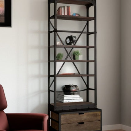 Black Iron and Solid Wood Five Tier Bookcase with Two Drawers