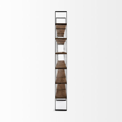 Brown Iron and Solid Wood Six Tier Bookcase