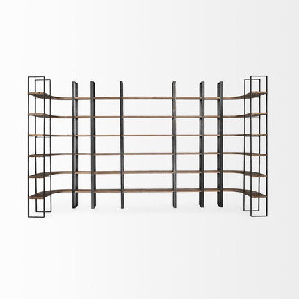 Brown Iron and Solid Wood Six Tier Bookcase