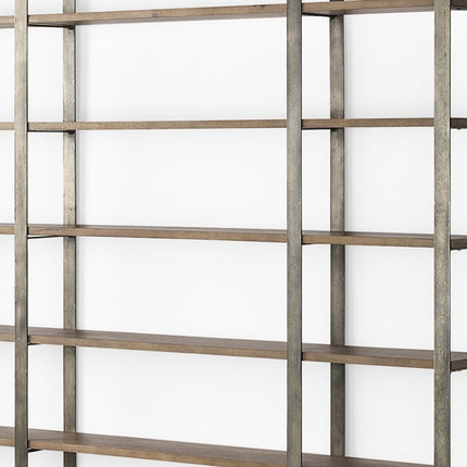 Brown Nickel and Solid Wood Six Tier Bookcase