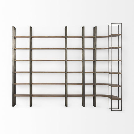 Brown Nickel and Solid Wood Six Tier Bookcase