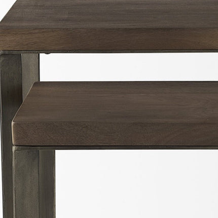 Set of Two Brown Solid Wood and Metal Square Cross Legs Nested Tables