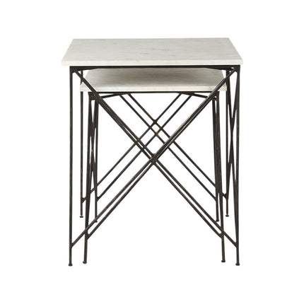 Set of Two White and Black Marble and Metal Square Nested Tables