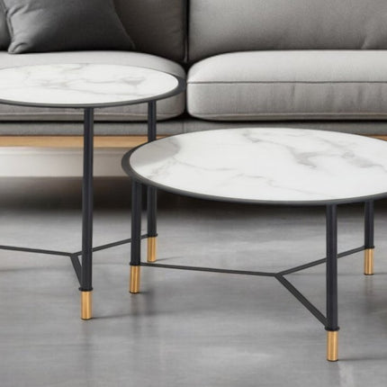 Set of Two White and Black Faux Marble And Glass And Steel Round Bunching Coffee Tables