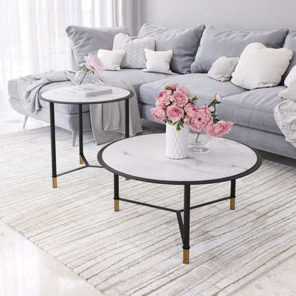 Set of Two White and Black Faux Marble And Glass And Steel Round Bunching Coffee Tables