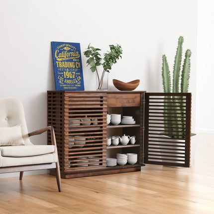 42" Walnut Wood Accent Cabinet With Three Shelves And Two Drawers