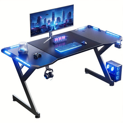 Y-Shaped Gaming Desk with RGB LED Lights Carbon Fiber Surface Computer Table Ergonomic Computer Desk