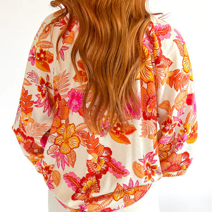 Orange Floral Print Pearl Button Keyhole Long Puff Sleeve Blouse