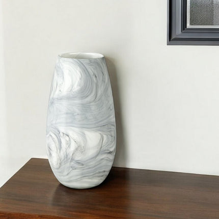 12" Gray And White Abstract Cylinder Crystal Glass Table Vase