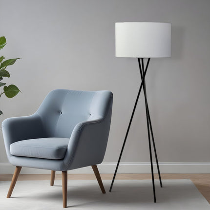 66" Black Tripod Floor Lamp With White Fabric Drum Shade