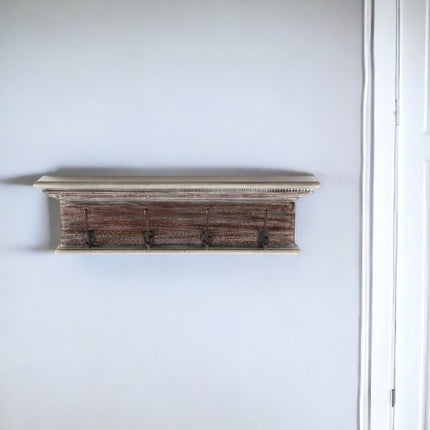 28" Brown Solid Wood Four Hook Wall Mount Coat Rack
