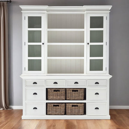 87" White Wood Bookcase with Glass Doors Drawers and Baskets
