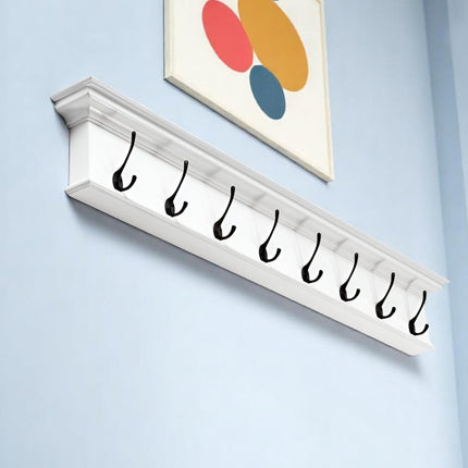 51" White Solid Wood Eight Hook Wall Mount Coat Rack