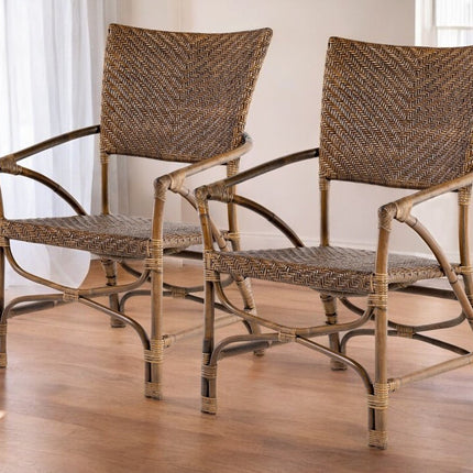 Set of Two Natural Rattan Open Back Dining Arm Chairs