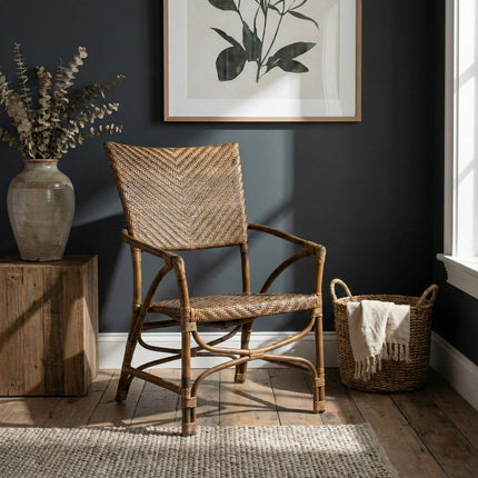 Set of Two Natural Rattan Open Back Dining Arm Chairs