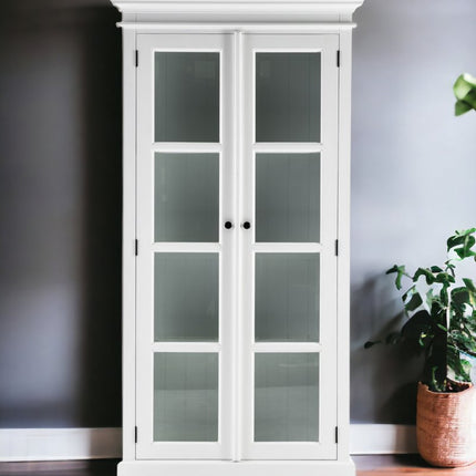 75" White Wood and Glass Double Door Storage Cabinet