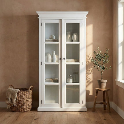 75" White Wood and Glass Double Door Storage Cabinet
