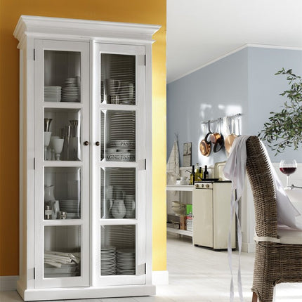 75" White Wood and Glass Double Door Storage Cabinet