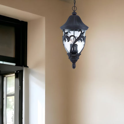 XL Three Light Matte Black Leaf Detail Hanging Light