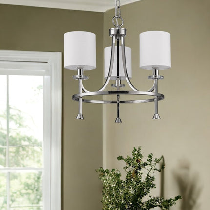 Silver Candle Style Three Light Metal Dimmable Chandelier With White Shades