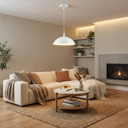 White Metal Hanging Light with Dome Shade