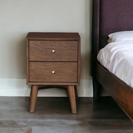 26" Brown Solid Wood and Wood Two Drawer Nightstand