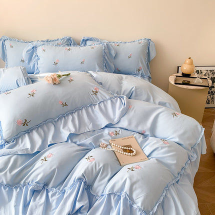 Embroidered Wide Edge Floral Duvet Cover Fitted Sheet